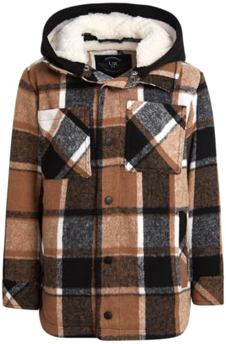 URBAN REPUBLIC Boys' Flannel Jacket - Sherpa Lined Long Sleeve Button Down Hooded Plaid Flannel Winter Coat (Sizes: 8-20)