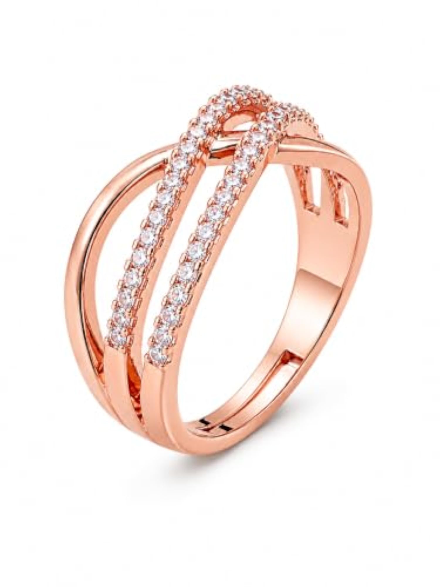 Women's Rose Gold CZ Crossover Adjustable Ring, Elegant