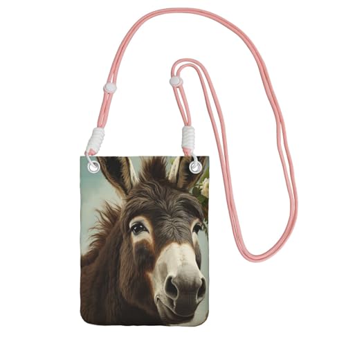 Pochette pour téléphone rose avec bandoulière noire au motif âne original