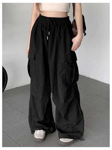 OYOANGLE Women's Cargo Pants Elastic Drawstring Waist Flap Pocket Straight Leg Trousers Y2K Parachute Pants4