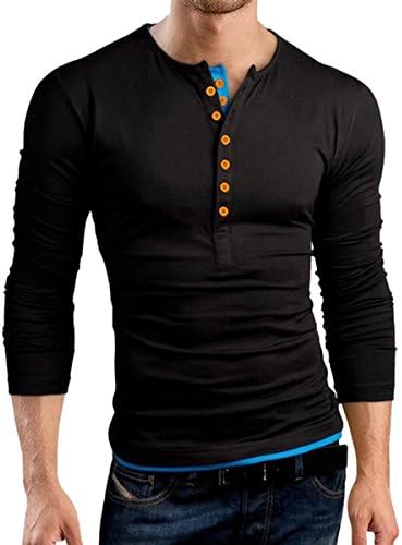 Pishon Men's Henley Shirt Long Sleeve Slim Fit Plain Button Cotton Casual Shirts
