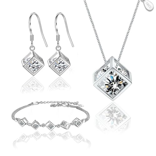 Crystalina Schmuckset Damen mit funkelnden Kristallen | Halskette und Ohrringe mit Zirkonia | Vergoldet oder Versilbert | Elegante & Originelle Geschenkidee für Frauen (Silber Weiß)