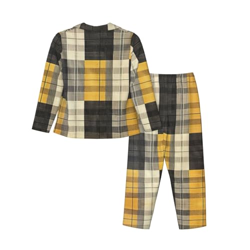Pyjama à imprimé écossais jaune gris noir stretch et confortable en deux pièces - 2