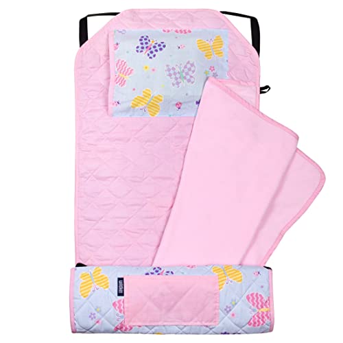 Image of Wildkin Modern Kids Nap Mat with Pillow for Girls - Cotton Blend, Elastic Straps, Toddler Sleep Mat for Daycare, Preschool, Kindergarten & Travel, Ages 3-7, Machine Washable - Butterfly Garden