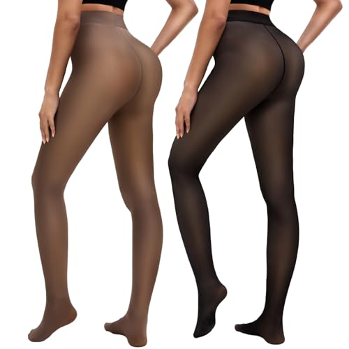 Bebila 2 Pairs Fleece Lined Tights Women Thermal Leggings Sheer Pantyhose Fake Translucent Warm Winter Tight