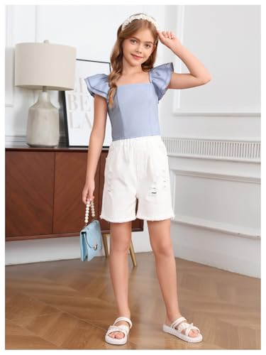 OYOANGLE Girl's Square Neck Ruffle Sleeve Crop Blouse Smocked Solid Slim Fit Tee Top4