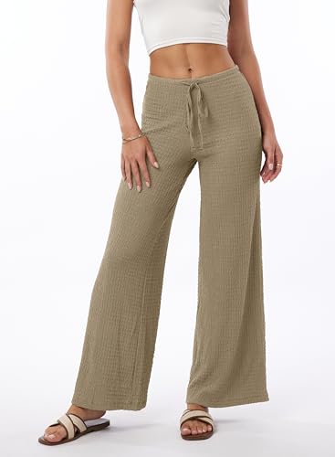 heipeiwa Women's Smocked Pants Textured Wide Straight Leg Trouser Casual Lounge Pant 2025 Beach Travel Vacation Outfits3