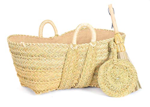 Cestería Aparici - Leñero de esparto forrado de arpillera y yute con escobilla y aventador -7149-2 (55x40x28) – Cesta decorativa para almacenar leña y mantener limpio el hogar