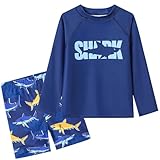 Ewbob Boys 2 Pieces Rash Guard Sun Protection Long Sleeve Kid Swimsuits Sets Quick Dry Bathing Suit with Swim Shirt and Swim Trunks for Boys 3-12 Years,C10-001,Navy Shark Letter,11-12Y
