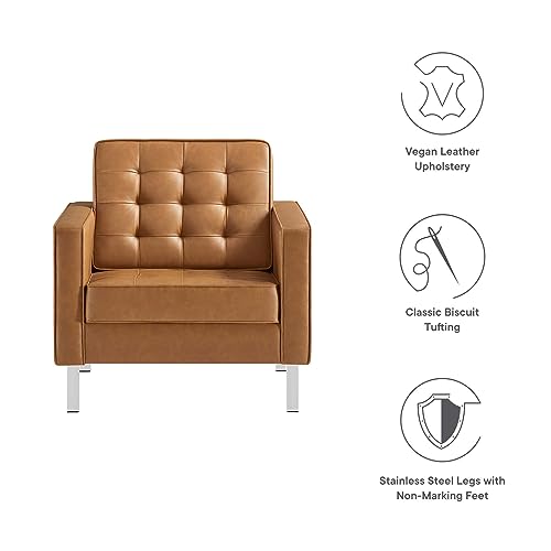 Modway EEI-3391-SLV-TAN Loft Tufted Button Faux Leather Upholstered Accent Armchair In Silver Tan thumb #6