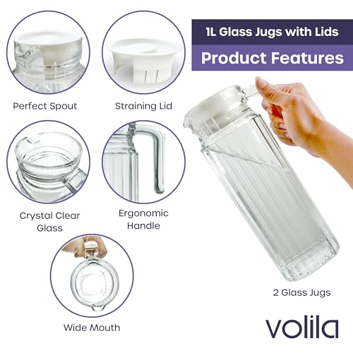 Fridge Jug 1L Glass Water Jug with Lid (2 Pack) - Clear Water Pitcher with Ribbed Glass Design & Handle for Fridge Shelf & Everyday Use with Vented Spout - Juices, Pimms & Picnics - Image 4