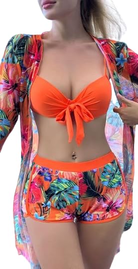 Image of AARAM Sexy Hot Beach Bikini Set for Women, Women's 3 Piece Beach Wear Stylish Printed Shorts Cardigan Suit Swimwear, Three-Piece Co-ord Set for Pool Vacation Honeymoon Beachwear
