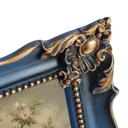 Image of Saysmile 8x10 Vintage Picture Frame with Embossed Flower Design, Green Ornate Frame for 8x10 or 5x7 Pictures with White Mat, Hand-Crafted Resin Antique Frames for Tabletop & Wall Hanging, Home Decor (Blue)