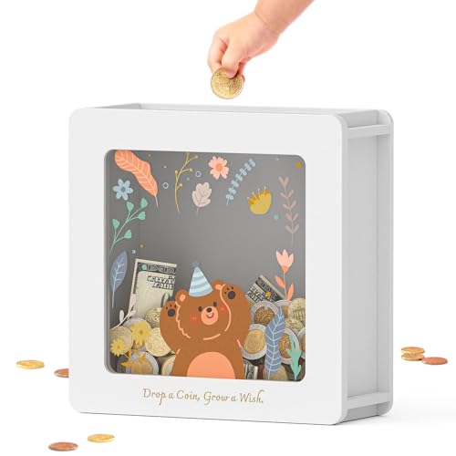 Image of Summidate Wooden Money Saving Box, Clear Window Cash Vault Savings Box with DIY Stickers, Personalized Bear Piggy Bank for Kids & Adults, Birthday /Baby Shower /Wedding Gift