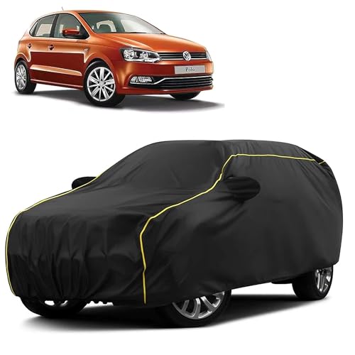Image of Sulfar 100% Water Resistant Car Body Cover Compatible with Mirror for Volkswagen Polo Equisite (Triple Stitched, Full Bottom Elastic, Black Taffeta with Yellow Piping)