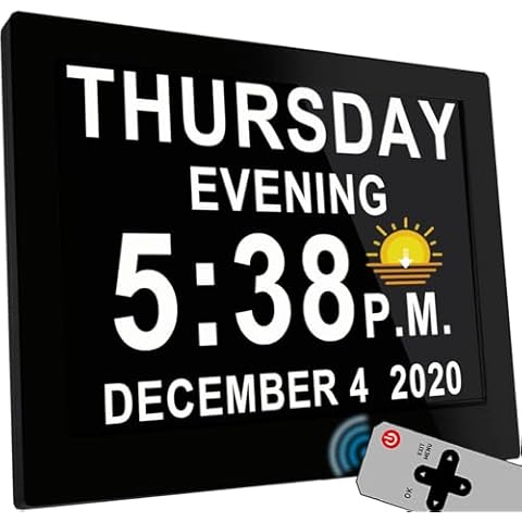MASSII 8 Inch Extra Large Upgraded Dementia Clock 19 Alarms with Auto DST, 20 Custom Reminders,10 Levels Auto Dimmer, 6 Display Modes, Digital Clock with Date and Time, 8" Black with Remote Cover