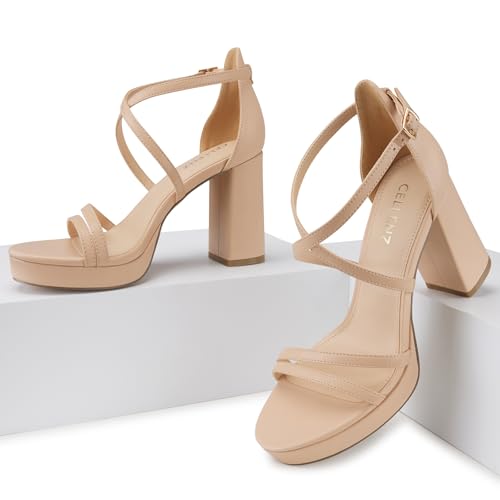 Women Strappy Platform Heels: 3.4 Inch Chunky Heeled Sandals, Comfortable Sexy Block High Heels, for Prom Party Bridal Wedding Black White Silver Nude Dressy Shoes3