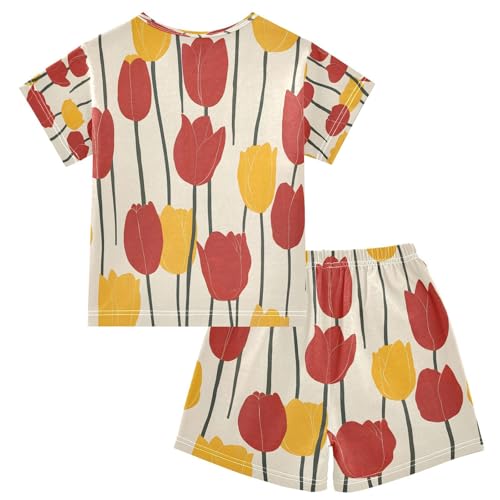 senya Short Sleeve Pajamas Sets Summer Cotton Sleepwear Red and Yellow Tulips2
