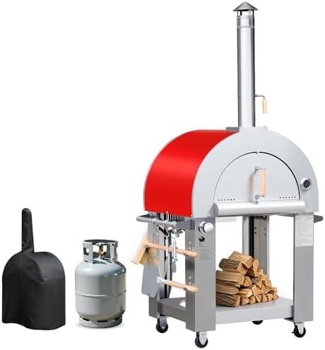 Large red stainless steel pizza oven on a wheeled stand with a tall chimney and a wide front opening