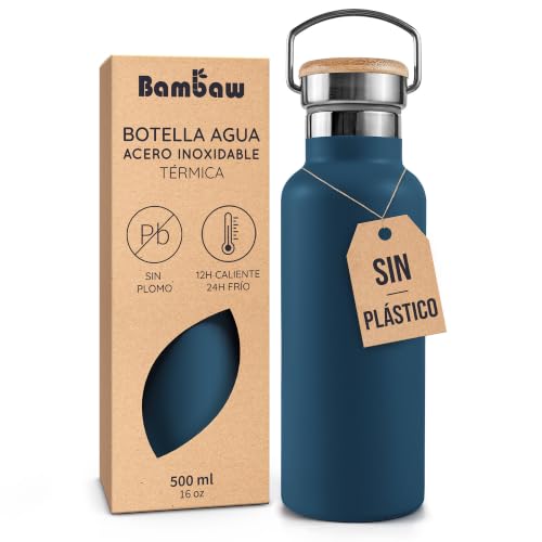 Bambaw Botella Acero Inoxidable 500ml, Botella Isotermica 500ml de Doble Pared, Ligera y Apta para Portavasos, Garrafa Agua Inox de Boca Ancha, Garrafa Reutilizable y Hermética (Azul Índigo)