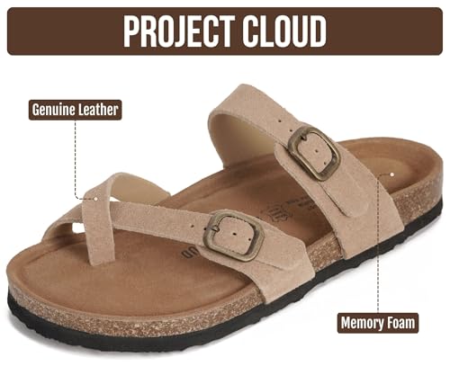 Image of Project Cloud 100% Genuine Leather Womens Sandals -Lightweight Womens Slides Memory Foam Insole & Cork Footbed Sandals Women - Non-Slip Beach Essentials Summer Sandals for Women 2026 (Lian)
