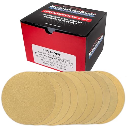 ProductionShop Premium 6 Gold Sanding Discs 100 Disc Variety Pack Grits 60 80 100 120 150 180 220 320 400 600 - Hook & Loop Sandpaper DA Random Orbital Sander - Sand Auto Paint Wood