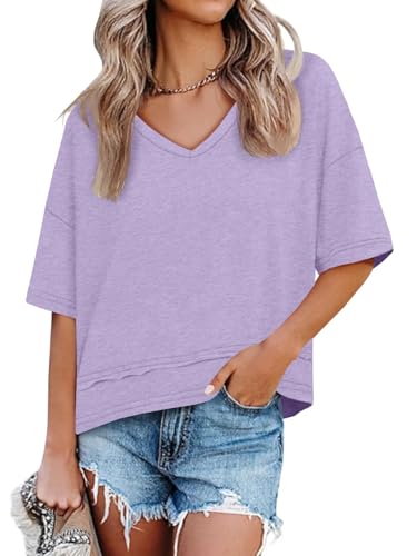 Image of UNCLECAT Womens V Neck T Shirts Summer Trendy Loose Fit Casual Tops Tees | Short sleeve, Spliced hem, Flowy graphic tees,Solid color cute basic t-shirts