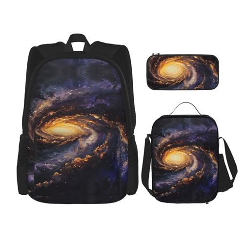 Galaxy Print 3 Piece Backpack Set, Laptop Daypack, Lightweight Bookbag Set With Lunch Bag Pencil Case