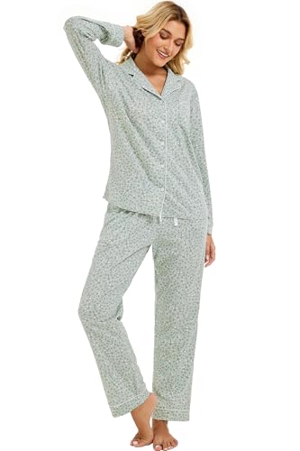 Image of LUBOT 100% Cotton Pajamas for Women Pajama Set 2 Piece PJ Sleepwear Set Soft Ladies Button Knit Long Sleeve Loungewear XS-XXL