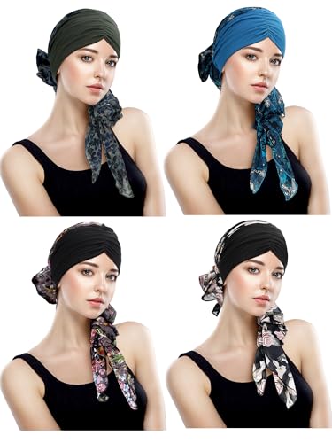 4 Pcs Chemo Headwear for Women, Cancer Chemo Head Wraps Turbans for Women Patients Breast Cancer Month Gifts