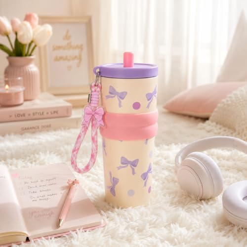 Image of Vasukie Tumbler with Stainless Steel Tumbler with Straw Lid, Wrist Strap & Decorative Bow Charm - Pink & Lavender Travel Cup,Gym,Home YL