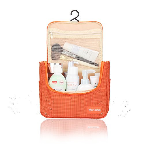 MonTrüe Bolsa portátil y colgante de viaje | Bolsa ligera e impermeable con asa para la ducha | Bolsa de maquillaje y cosméticos para mujeres y hombres, Naranja