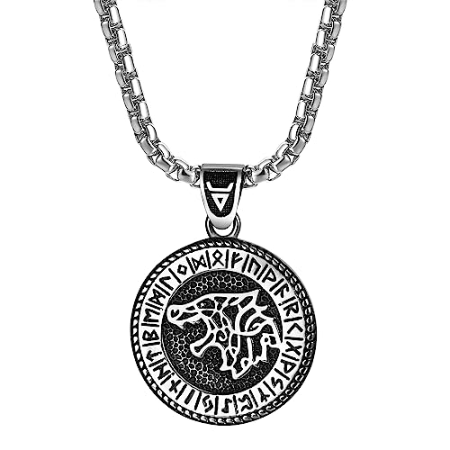 JewelryWe Biżuteria Wikingów Wilk Naszyjnik Męski ze Stali Nierdzewnej Fenrir Wilk Runa Moneta Medalion Wisiorek z Łańcuszkiem Nordycki Viking Głowa Wilka Amulet Prezent dla Mężczyzn, Stal nierdzewna