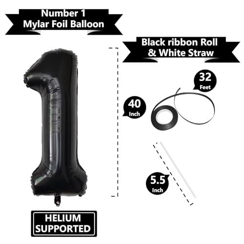 Image of Number Balloons Black Party Balloon - Giant Number 1 Balloon, 40 Inch Large Balloon for Birthday Decorations, Black Party Supplies for Men Women
