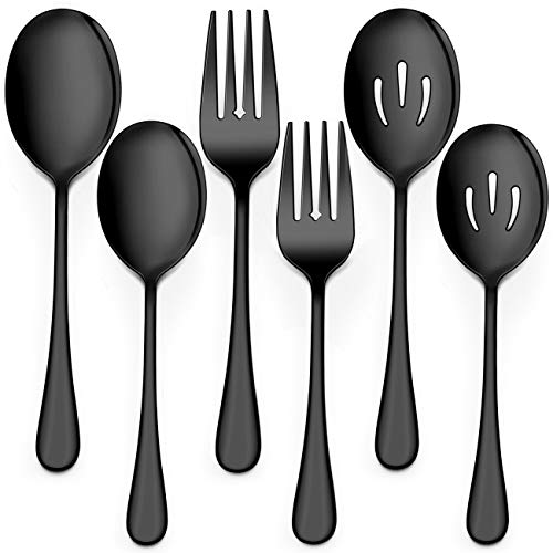 LIANYU 6-Piece Black Serving Spoons and Forks, 8 3/4 Inch Stainless Steel Buffet Catering Party Banquet Serving Spoon Fork Set, Dishwasher Safe