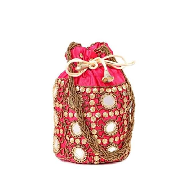 SR Brand Ethnic Pink Mirror Work Potli Bag with beaded pearl handleClutchpartywear ridal clutch
