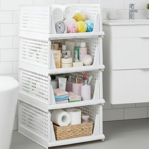 Image of mechdel Stackable and Foldable Wardrobe Storage Basket BIG SIZE- (White, 10)
