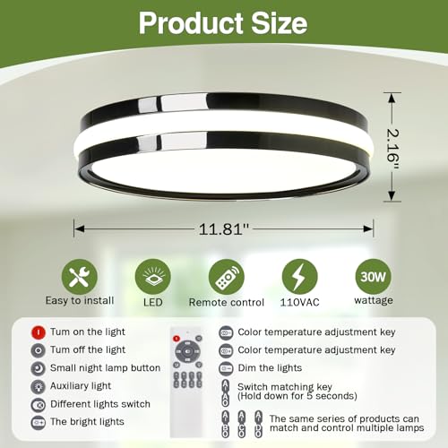 Image of Modern LED Ceiling Light Black 30W Dimmable Flush Mount Light Fixtures with Remote Control 11.8inch Ceiling Lamp for Bedroom Kitchen Island Dining Room LivingRoom Foyer Hallway