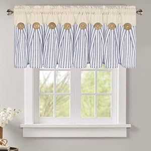 ASPMIZ Cotton Linen Kitchen Valance Curtains Boho Rustic Button Valances for Windows Farmhouse Style Blue Stripe Window Valances for Bathroom Cafe Tie Up Valances for Kitchen Windows 52 x 18 Inch