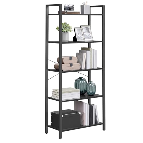 VASAGLE 5-Tier Bookshelf, Bookcase with Steel Frame, Book Shelf for Living Room, Home Office, Study, 11.8 x 26 x 60.2 Inches, Industrial Style, Ebony Black and Ink Black ULLS061B56 5 Tiers 1