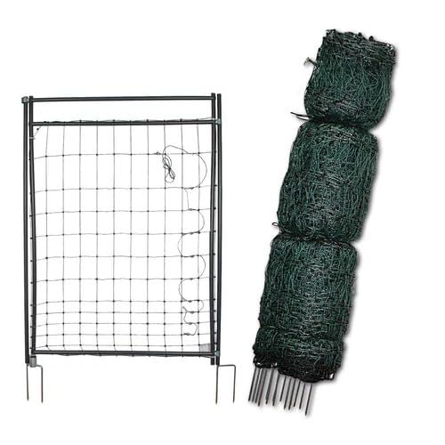 Electric Poultry Netting and Hot Gate, 50m x 110cm | Electrifiable Green Premium Net with Fibreglass Single Spike Posts Chicken Net Mesh