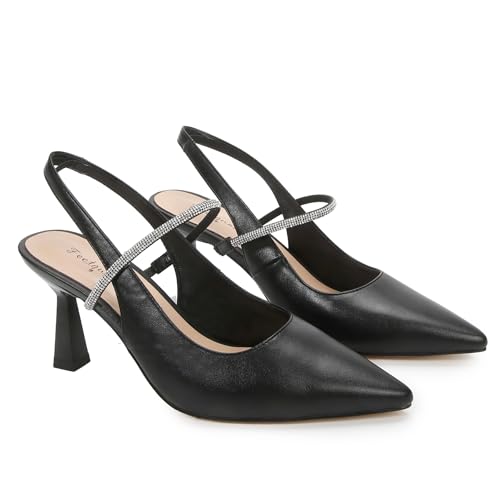 Women's Slingback Pumps Diamond Straps Stiletto Heel Pointed Toe Soft PU Leather Daily Dress Shoes2