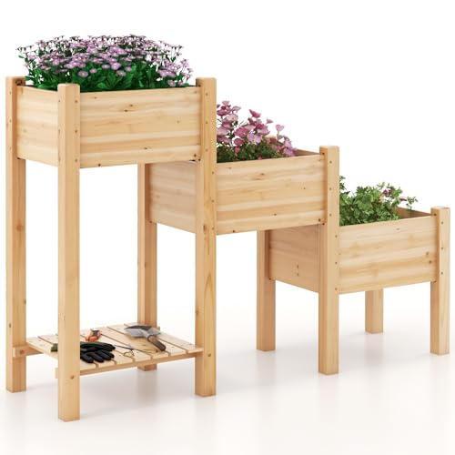 Giantex Raised Garden Bed Set of 3, Wood Planter Box with Storage Shelf, Elevated Raised Beds for Fruit Vegetable Flower Herb, Outdoor Freestanding Gardening Container for Patio Lawn