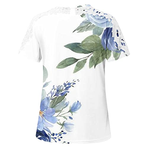 Lace Trim Cold Shoulder Tops For Women Crochet V Neck Short Sleeve T Shirts Loose Casual Summer O-Neck Blouses #TOP3