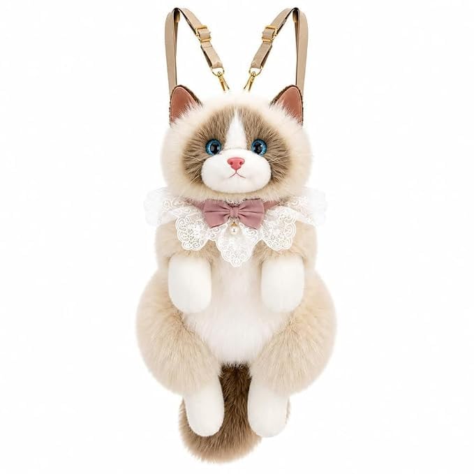 cute cat plush backpack for kids, soft stuffed animal toy backpack with adjustable shoulder straps, adorable cartoon cat school bag for girls and boys, grey