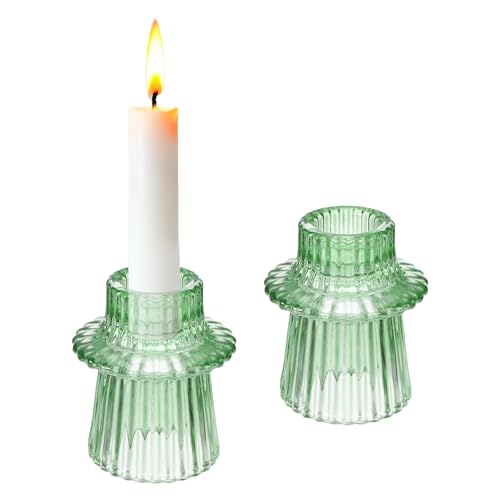 sourcing map 2 portavelas de cristal cónico, 1.6 pulgadas, vintage, acanalado, candelabro pequeño para centros de mesa de boda, fiestas, decoración del hogar, color verde
