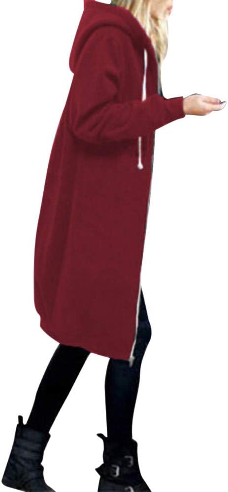 JOFOW Womens Trench Coat Solid Long Hooded Strappy Slim Windbreaker Loose Casual Autumn Cardigans Jacket Plus Size