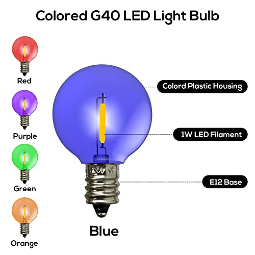 Sunthin 50 Pack G40 Colored Led Bulbs, String Lights Replacement Bulbs, Red/Green/Blue/Orange/Purple Multicolor Bulbs With E12/C7 Candelabra Base, Shatterproof Globe Bulbs For Indoor & Outdoor Use #TOP2