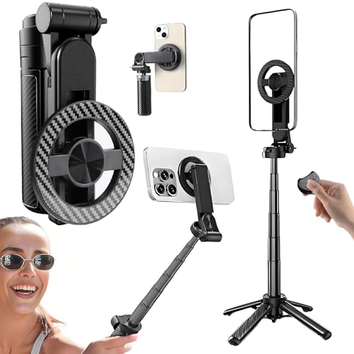 Domiunier 4-in-1 Multifunctional 360 Rotation Magnetic Selfie Stick with Detachable Wireless Remote for iPhone & Android Portable Extendable Phone Tripod Stand for Travel Vlog Live Streaming