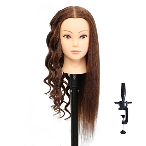 BLTYXT 20-22'' Mannequin Kopf mit echtem Menschenhaar Lange Gerade Haar Friseur Praxis Training Kopf Kosmetologie Haar Styling Kopf Cover